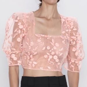 ⭐HOST PICK⭐ZARA Peach Organza Puff Sleeve Crop Top